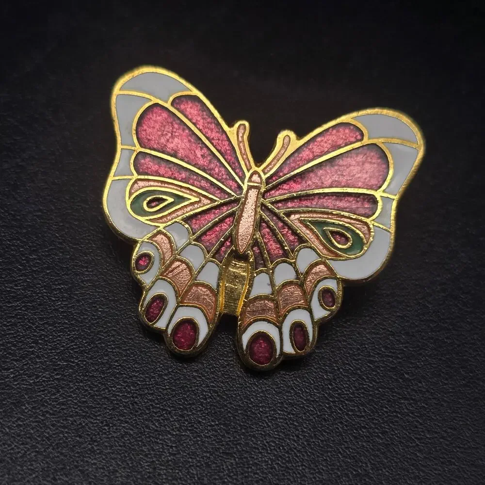 Cloisonne Enamel Butterfly Brooch Pink Petite Dainty Bug Insect Summer Jewelry
